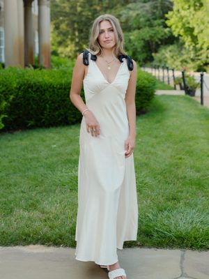 Sara Cream Black Contrast With Black Shoulder Bow Formal Dress