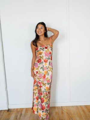 Golden Garden Floral Strapless With Slit Formal Maxi Dress