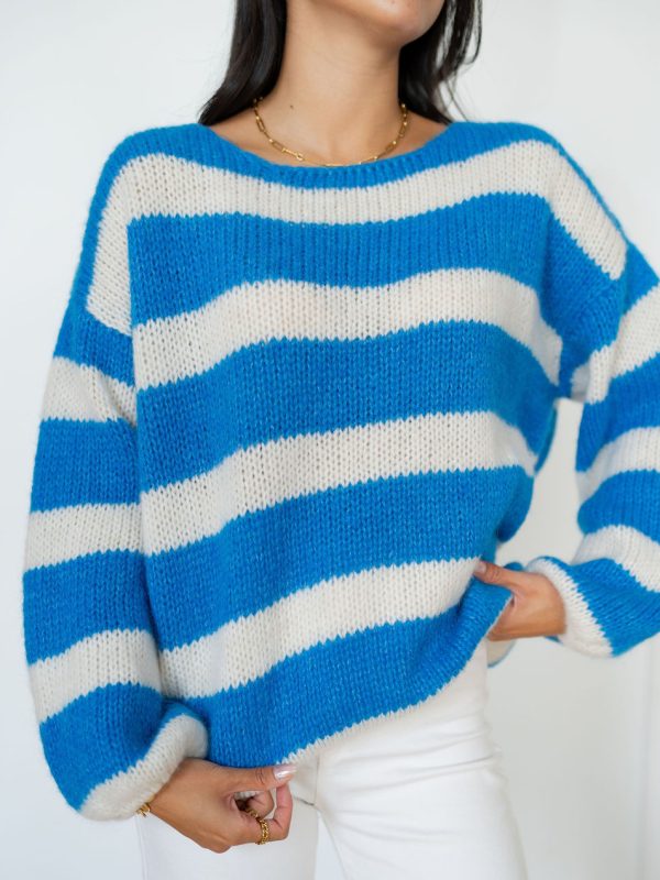 Willa Blue White Chunky Stripe Loose Knit Sweater
