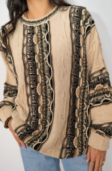 REFOUND Vintage Coogi-Style Sweater Tan — SIZE XL