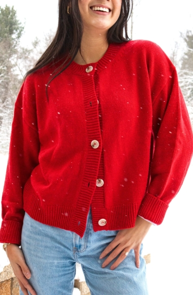 Left On Red Button Down Sweater