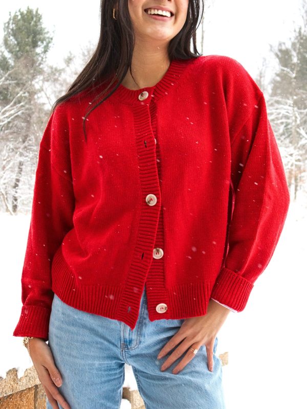 Left On Red Button Down Sweater