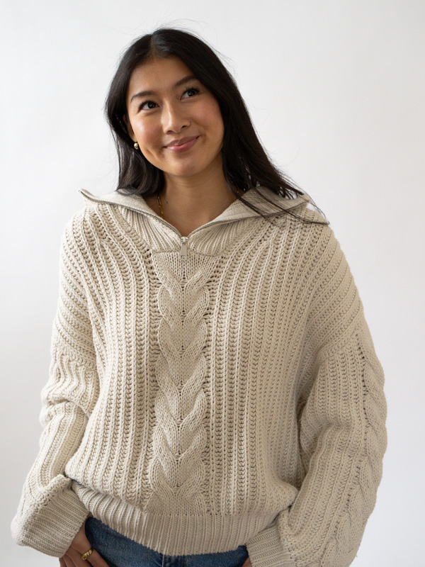 Elan Sweater Pullover 1/4 zip Sweater Knit Crochet Oat Color